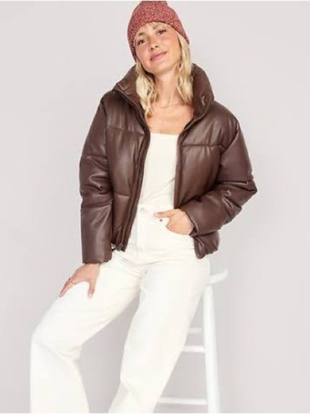 Old Navy Mock Neck Faux Leather Puffer Brown Jacket | Size XL Tall - Picture 1 of 9